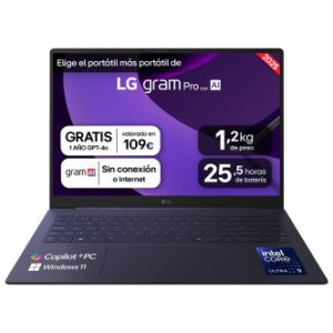 PORTATIL LG, 16", GRAM PRO 16Z90TS-G.AU99B, INTEL CORE ULTRA 9, 3,3 GHZ, 40,6 CM, 2560 X 1600 PIXELES, 32 GB, 1 TB